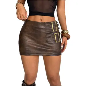 MakeMeChic Women's PU Leather Mini Skirt Buckle Bodycon Party Skirts Skort Clubwear