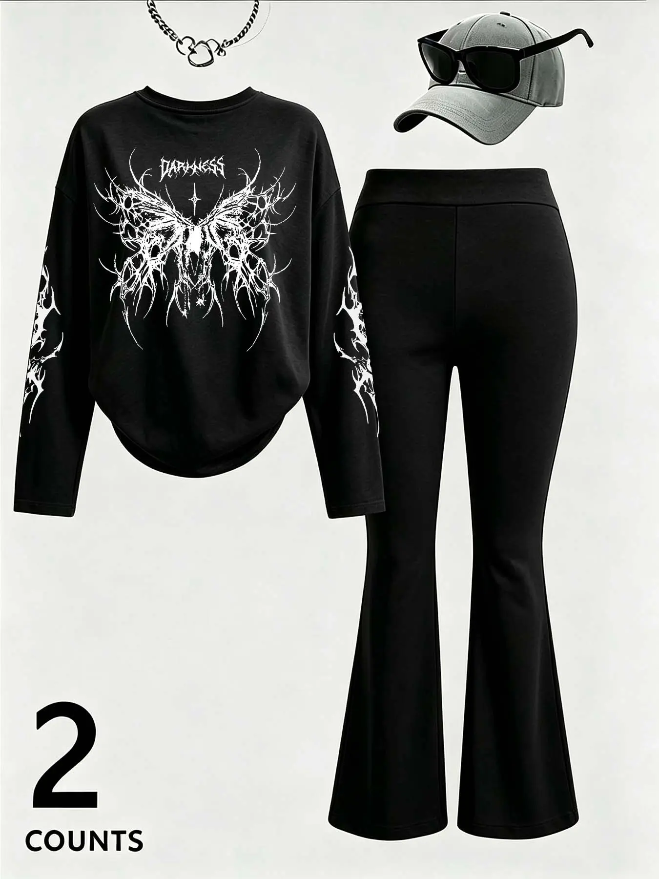 Women Gothic Thorn Butterfly Print Two Piece, Crew Neck Long Sleeve Top & High Waist Flare Pants, Casual Street Style Set
