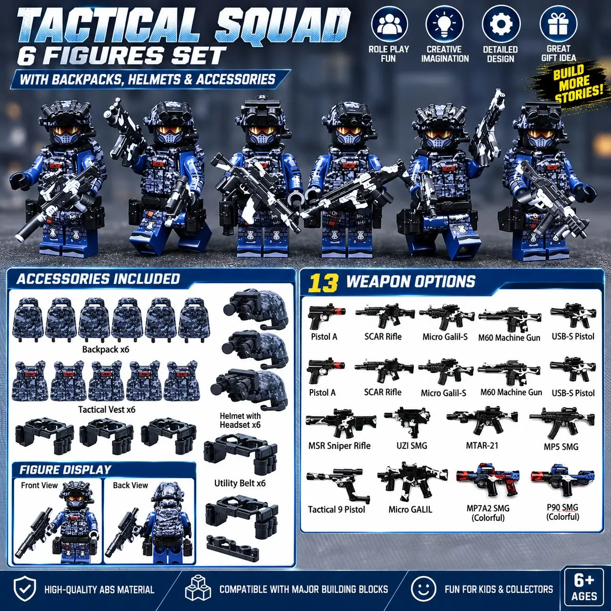 Tactical Action Figure Building Set, 3pcs/6pcs Figures, Optional Shield & Armor Vehicle, Helmet, Backpack, Accessories, Collectible Playset