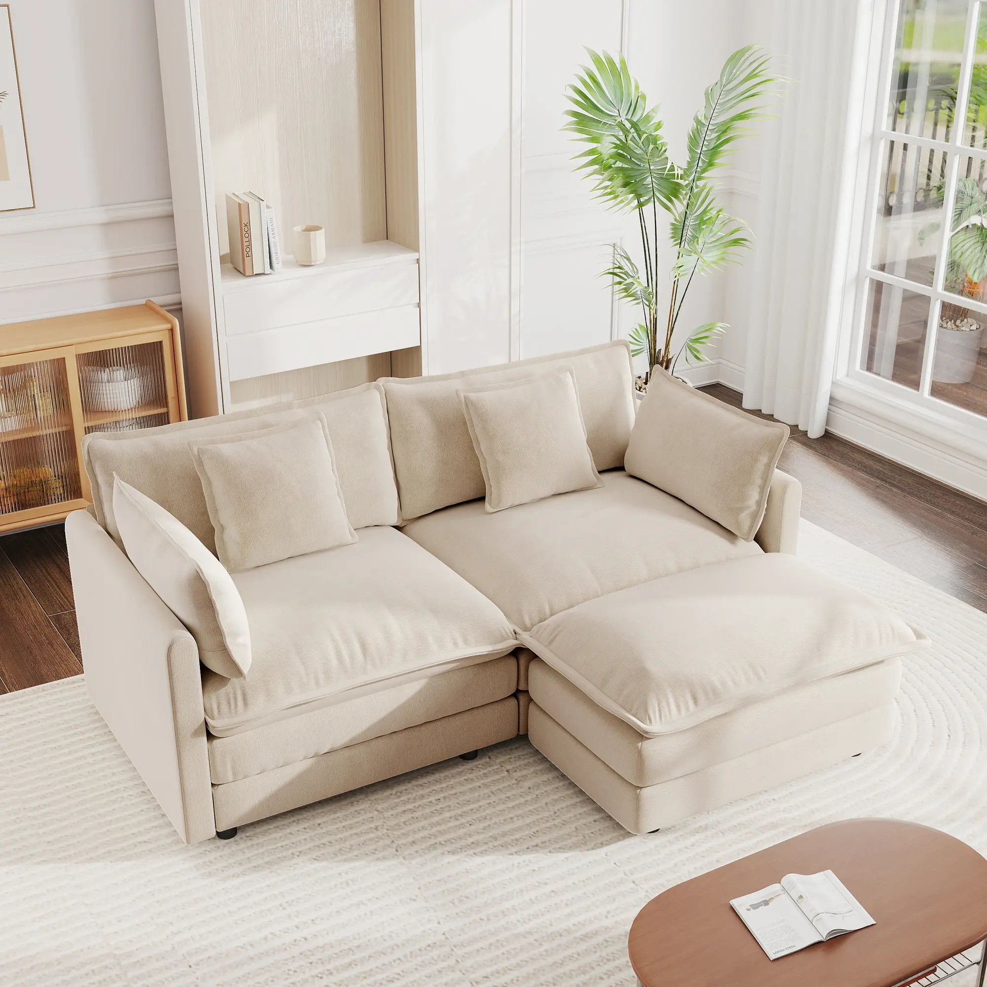 Nokaa Chenille Two-Seater Sofa with Ottoman L-Shaped Sectional Loveseat for Small Living Room Light Coffee Fabric Couch with Footrest Comfy Seat Cushion Modular Furniture Set, Light Coffee Color Options, Chenille Material, 2 Seat Seat Count