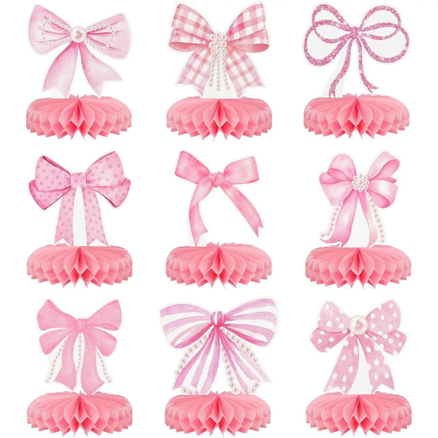 9Pcs Pink Bow Party Honeycomb Centerpieces Decorations, 3D Coquette Birthday Decorations, Pink Bow Table Decor for Birthday Bachelorette Bridal Party