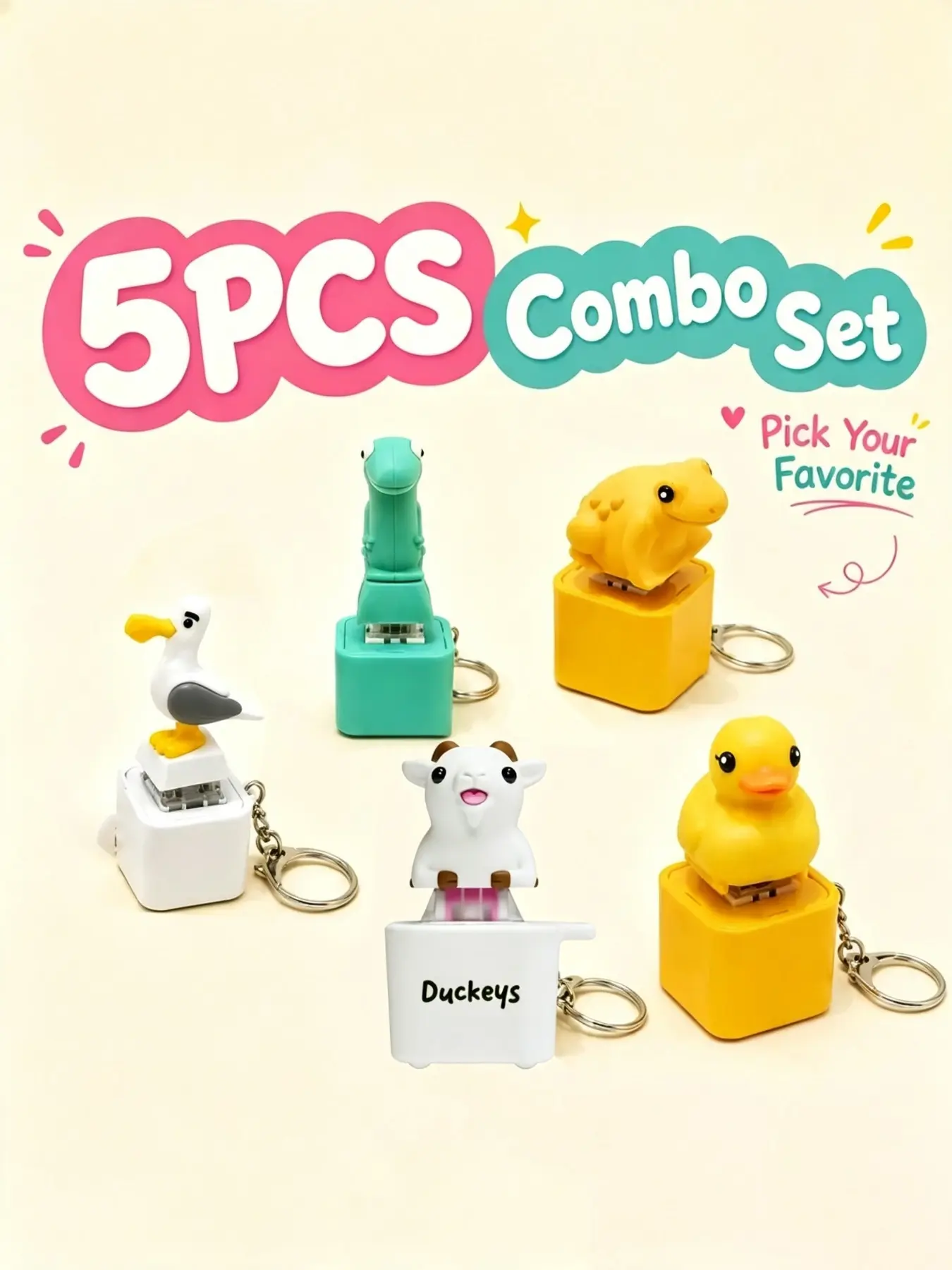Cute Pop Up Animal Keychain 5PCS Combo Set, Funny Squeaky Jumping Goat Seagull Dinosaur Frog Duck Keyring, Interactive Stress Relief Fidget Toy, Novelty Backpack Pendant Gift For Kids Friends, Cute Keychains