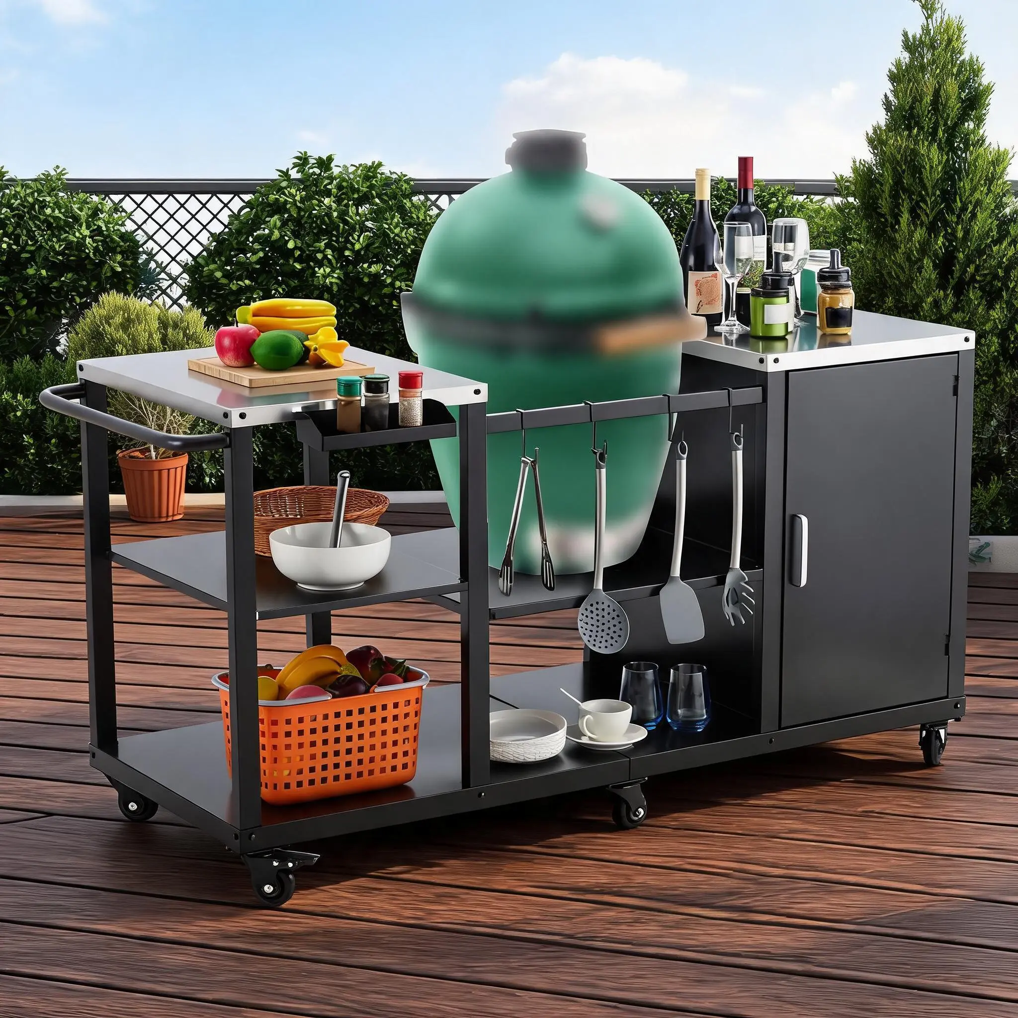 Heavy-Duty Rectangular Outdoor Grill Rack Cart - Stainless Steel Top, Steel Frame, 6 Locking Casters, Large Prep Area for Ceramic Kamado Grills, Black Single Unit