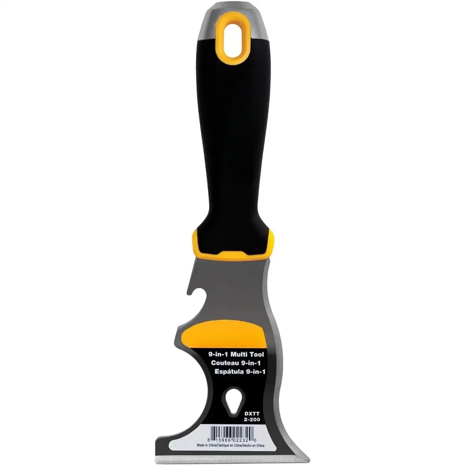 9-in-1 Painter's Tool |       Straight Scraper, Curved Scraper, Gouger, Roller Cleaner, Can Opener, Bottle Opener, Nail Puller, Screwdriver, Hammer |       Carbon Steel w/Soft Grip Handle |       DXTT-2-200