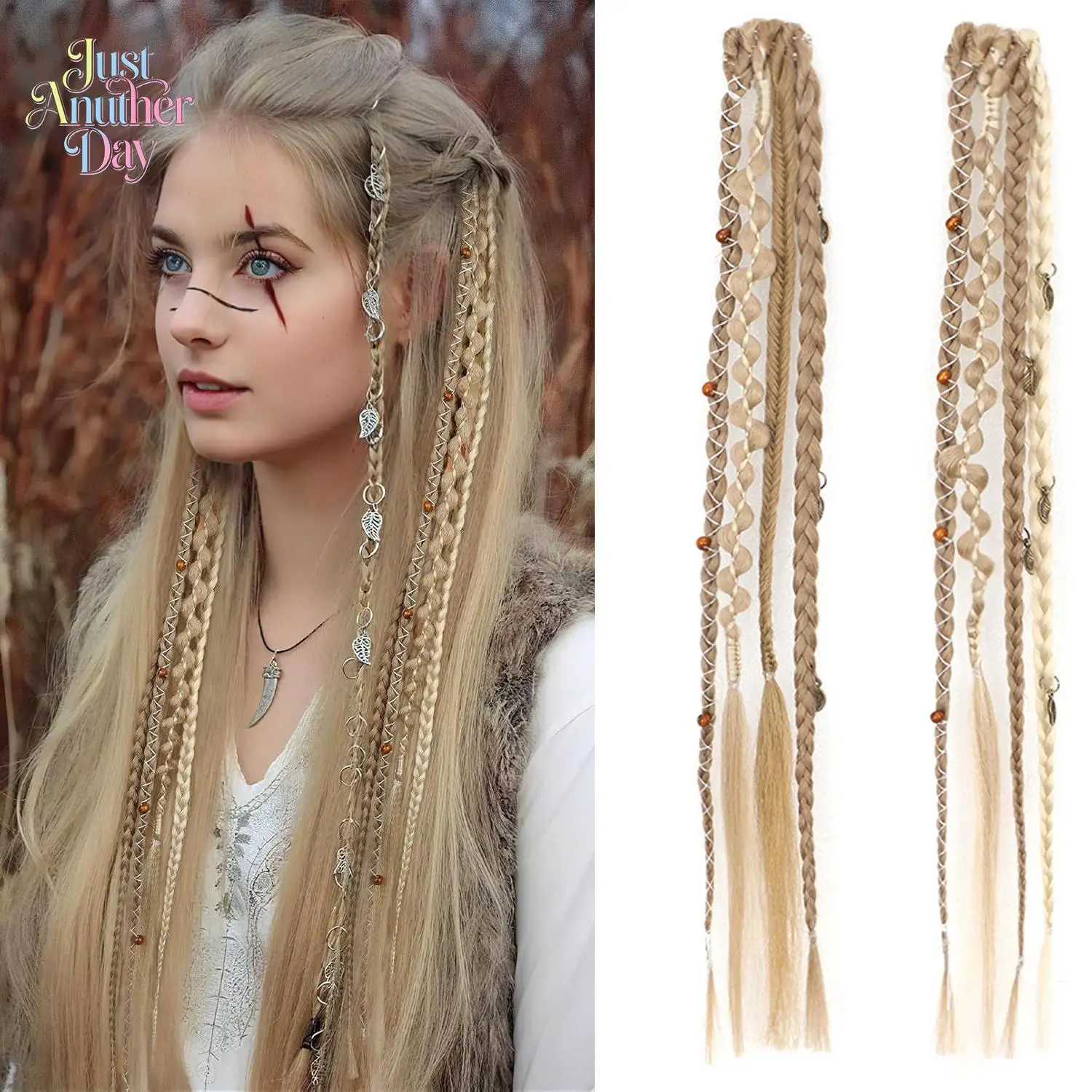 Synthetic Hair Braids, 2-Piece Cute Boho Dreadlock Extensions with Viking Metal Charms for Casual Cosplay, Ceremony, Bra, Hair Extensions, Peppy