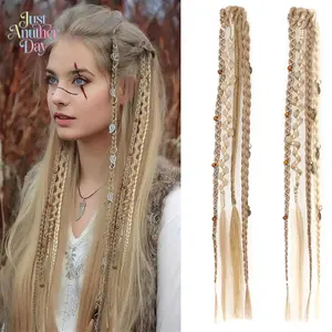 2Pcs Maillard Synthetic Braided Hair Extensions Boho Viking Dreadlock Hair Pieces With Metal Charms Cosplay