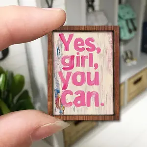 1Pc mini miniature wood decoration, Yes You Can Letter Design, Mini Doll House Decoration Painting, Farmhouse Wood Framed Miniature Sign, Doll House Ornament Pendant Inspirational Decoration Painting,