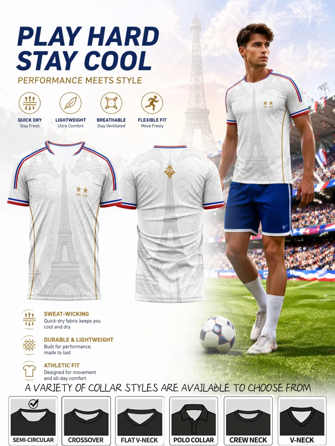 2026 France Soccer Jersey, Full Sublimation Eiffel Tower Art, Blue Striped Sleeves, Quick Dry Breathable Lightweight Durable Moisture-Wicking Fan Sports Wear