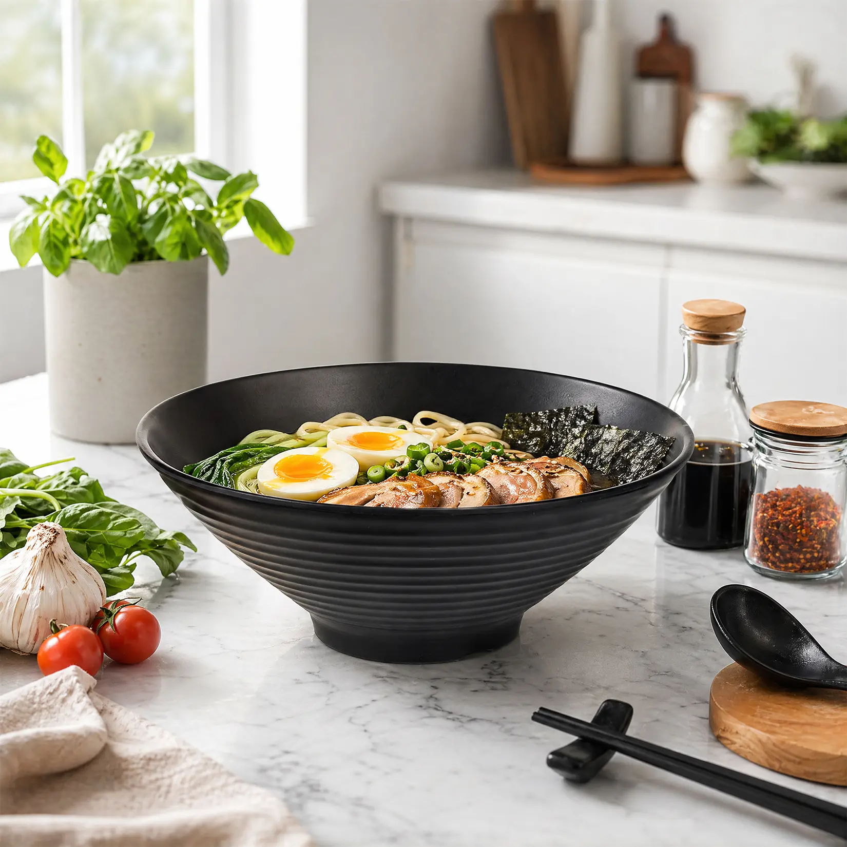 Japanese Melamine Ramen Bowl Tableware Set - 4-Piece Durable Shatter-Resistant 4-in-1 Set with Chopsticks, Spoons, Plates - Lightweight Black Asian Serving Bowls for Ramen Meals, Four Pieces