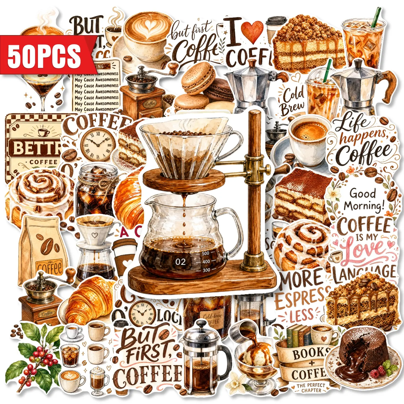 50pcs Retro Coffee Book Stickers, Diary Sticker Pack, Suitable for Office Use, Laptops, Water Bottles, Notebooks, and Planners. A High-value, Positive-energy Gift.