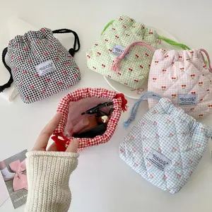 Cotton Quilted Drawstring Makeup Bag, Aesthetic Cute Travel Toiletry Bag,Drawstring Gift Bag for Women and Girls