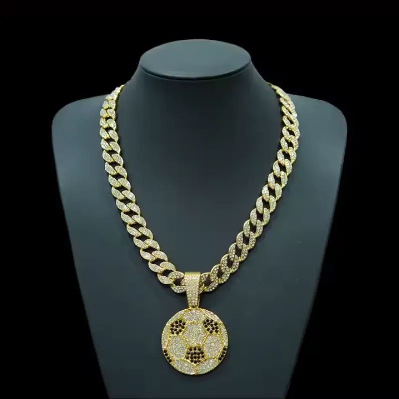 15mm Cuban Link Chain Necklace with Hip Hop Iced Out Football Pendant, Paved AAAAA+ Cubic Zirconia Jewelry for Men, Football Shape, Chain Jewelry Necklaces