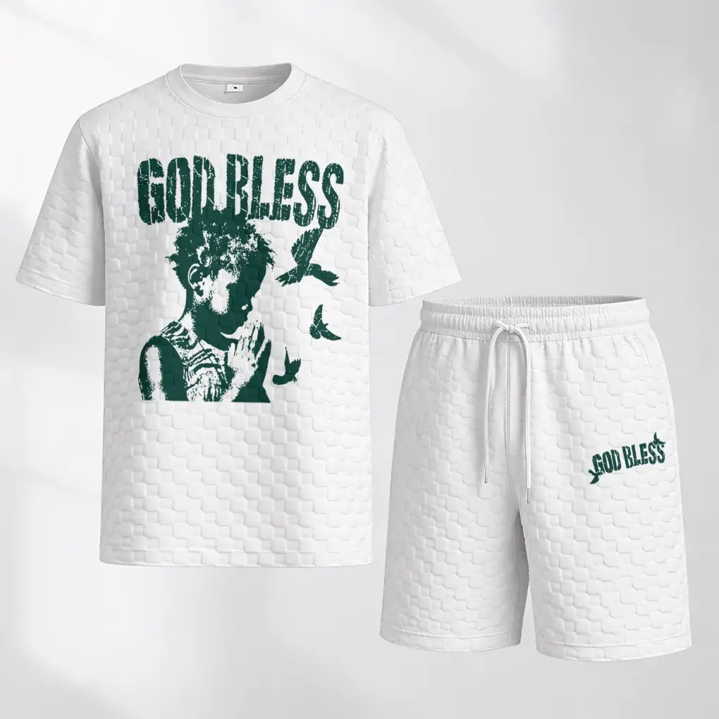 Men's Spring And Summer God Bless Print With Red And Black Line Checkered Fabric Drawstring Shorts Set, Casual Summer Outfit With Short-Sleeved Shirt And Shorts, Ideal For Everyday Wear And Sports Activities