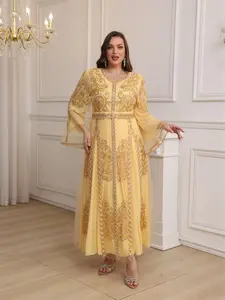 Women's Plus Size Moroccan Kaftan Dress - Gold Embroidered Chiffon Caftan with Long Flare Sleeves, Elegant Dubai Style Evening Gown for Wedding Party, Ramadan, Special Occasions 88176