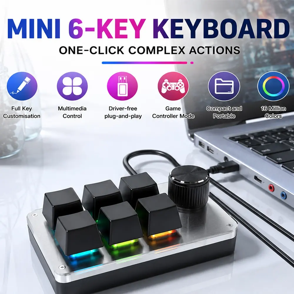 6-Key Mini Programmable Keyboard, USB Power Supply, with Volume Knobs, Backlight, Shortcut Keys And Media Control, Hot-Swappable Mechanical Numeric Keypad, Macro Command Program, Multi-Functional Shortcut Keys, Compact Design for Easy Use