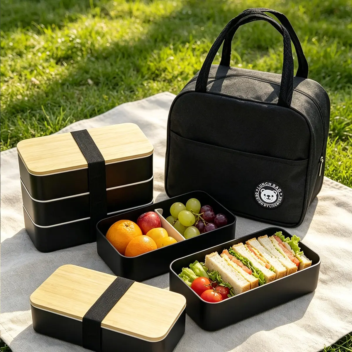2-Tier/3-Tier Compartment Bento Box Set, Black and White Contrast Colors, Minimalist Japanese Bento Box, Reusable, Independent Compartments, to Clean, Cutlery Included, Microwavable Bento Box. Suitable for Office, School, Outdoor and Other Scenarios.