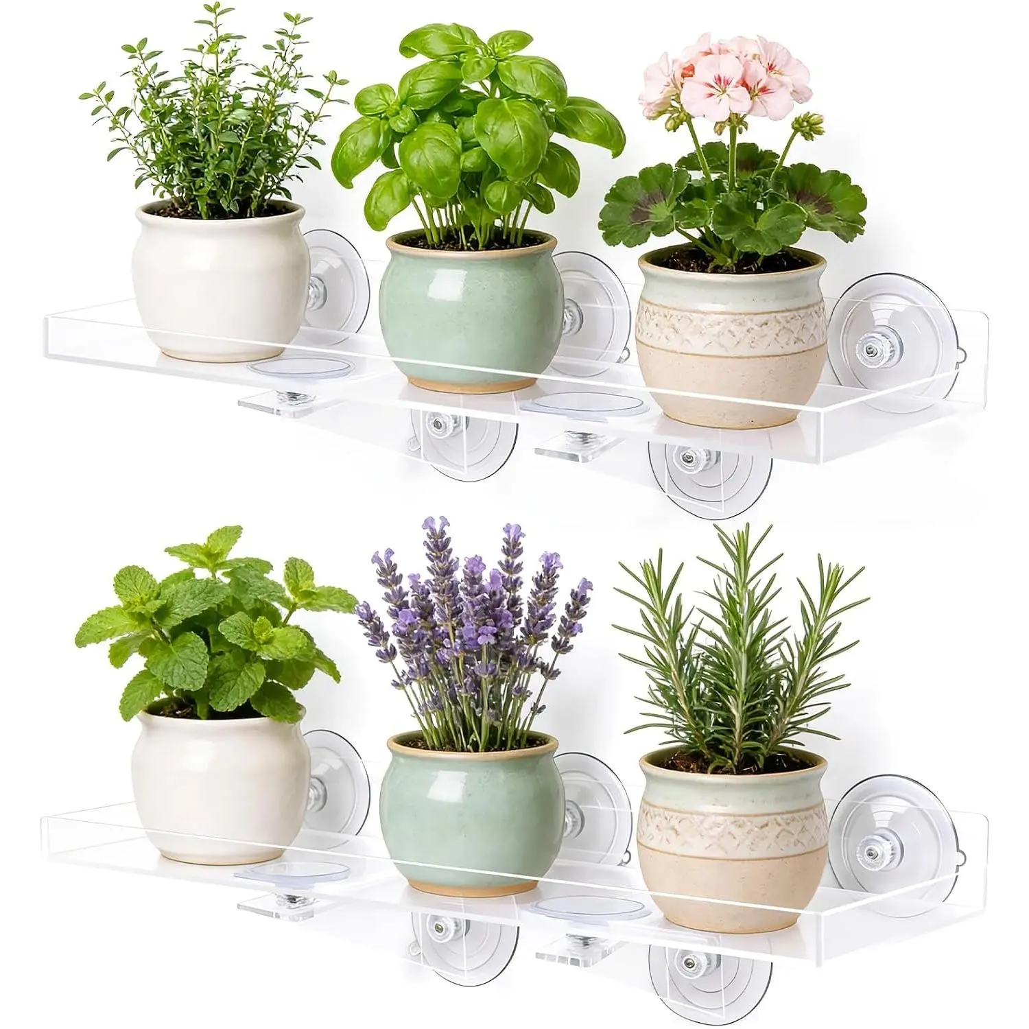 2 Pack Window Plant Shelves, 15.7 x 5.9 Inch Heavy Duty Acrylic Floating Shelf, Strong Suction Cup Shelf with Support Bracket, Windowsill Holder for Succulents and Indoor Plants