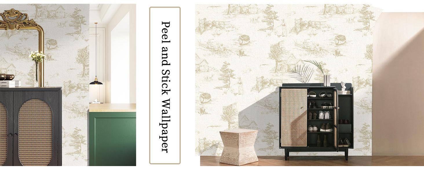 Monochrome Wallpaper Chinoiserie Style Wall Toile de Jouy Landscape Dresser Decal Self Removabal Sticker Peel and Stick Furniture Stickers Vintage Bedroom Livingroom Decoration