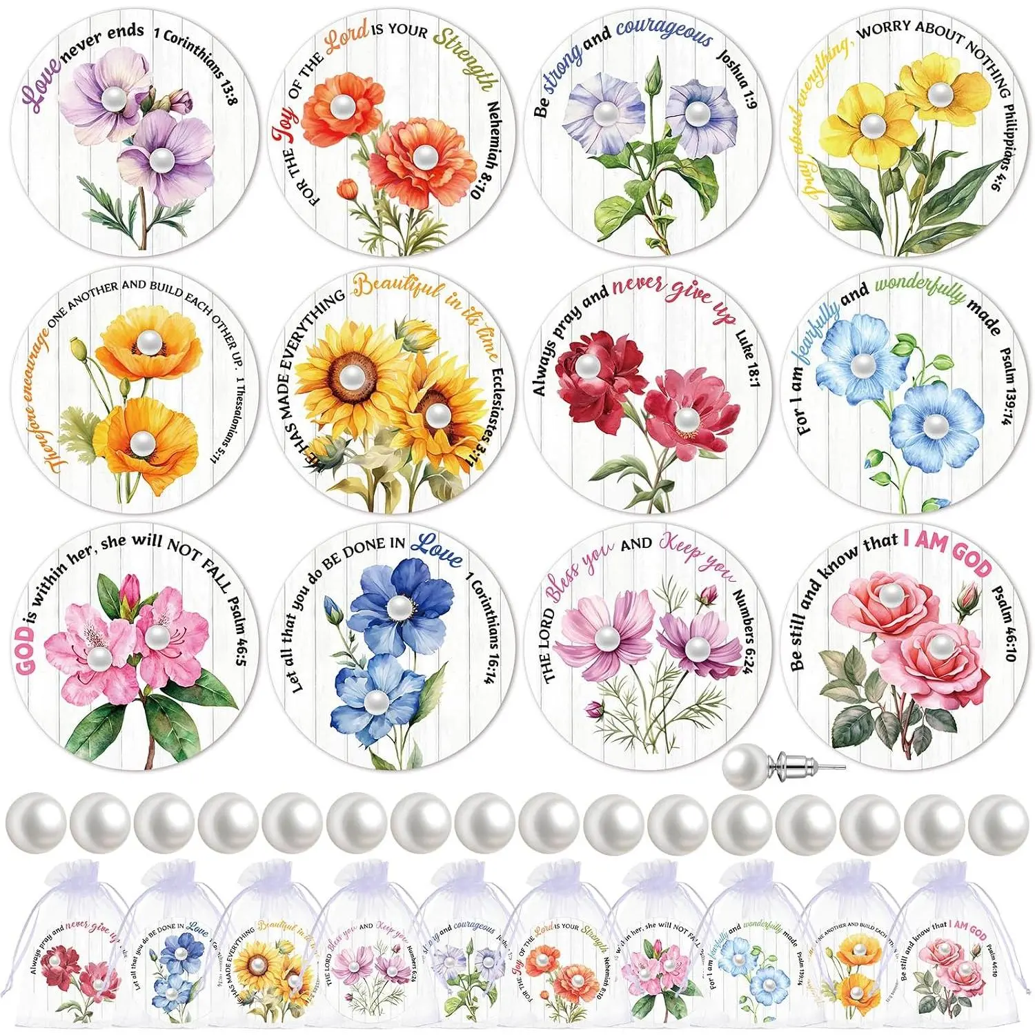 24 Pairs Christian Gifts for Women Bulk Religious White  Earrings Studs with Cards  Verse for Mother's Day Scripture Church Wedding Party Favor
