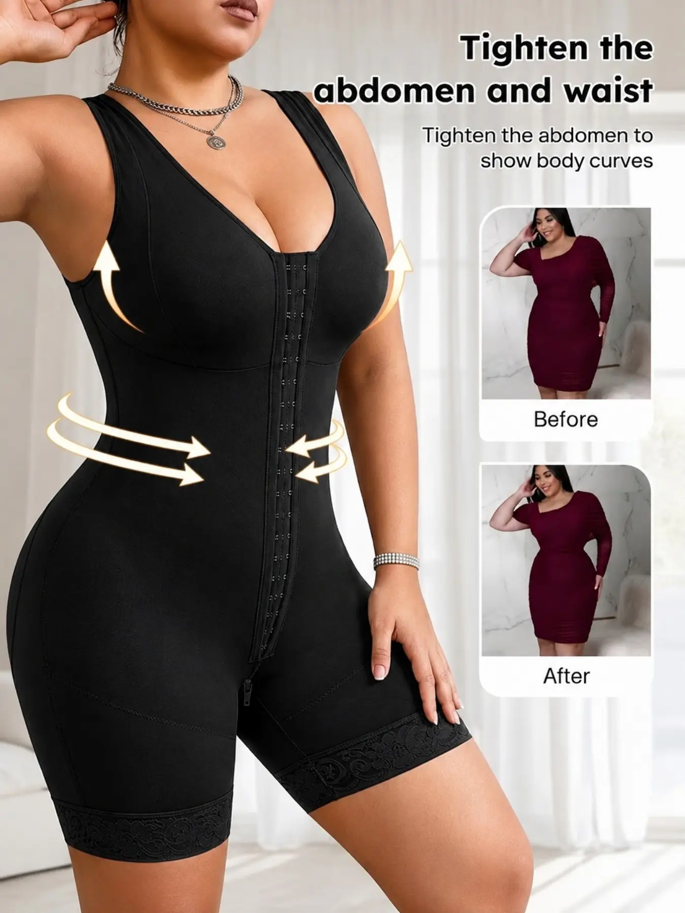 1 Count Women's Hook Front Closure Shapewear, Colombian Shapewear, Fajas, Curve Shapewear Bodysuit, Butt Lifting Tummy Control Bodysuit, Adjustable Multi-Hook Shoulder Straps, Crotch Zipper Design Bodysuit, Suitable For Daily,Sport