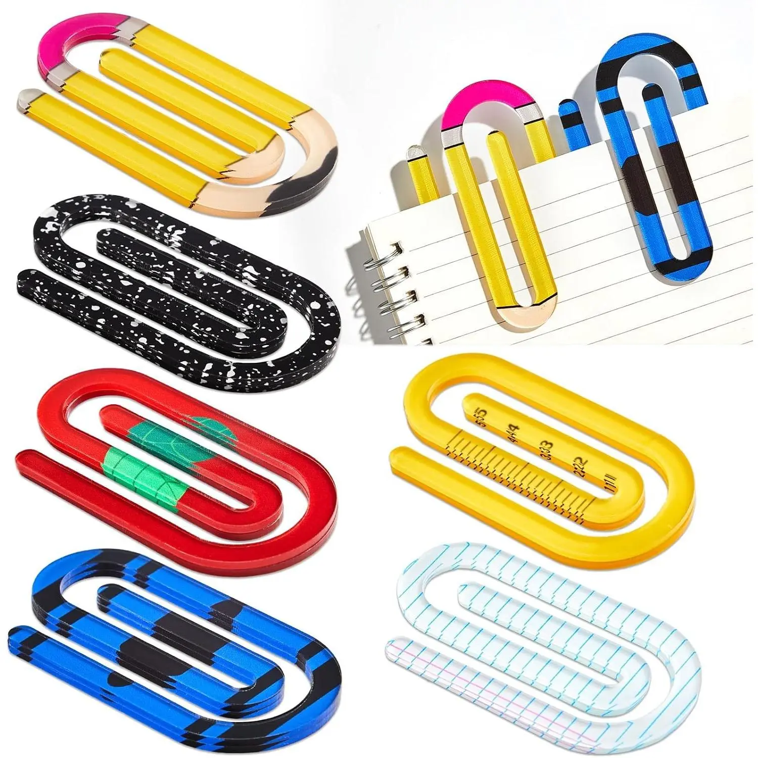 Synthetic Large Size Paper Clip Bookmark Set Pack, 12-Count 4-Inch Playful Shapes (6 Designs) for Bookmarking, Crafts, Office Classroom Teacher Supplies, School Gifts for Teachers