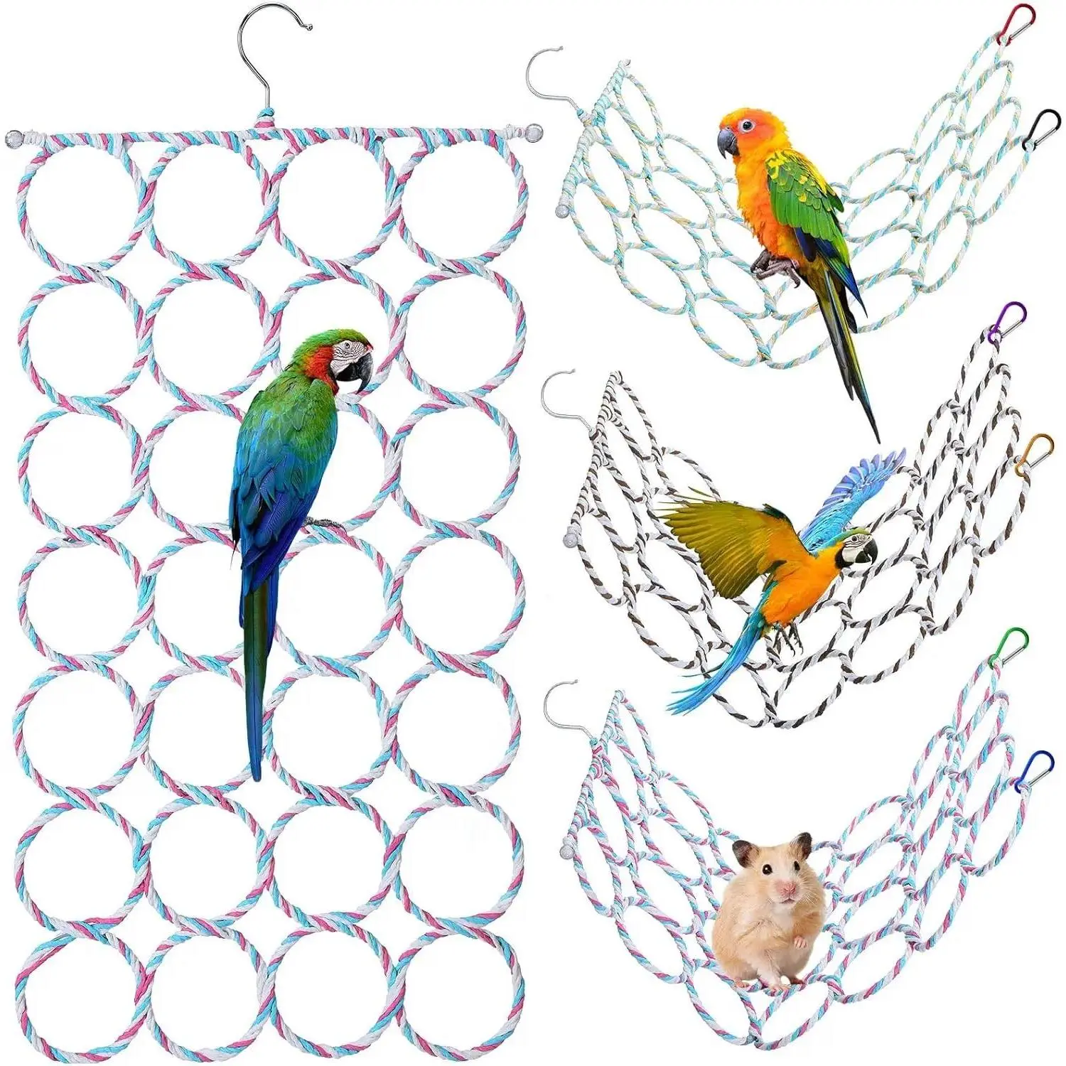 Bird Climbing Net and Swings, Hanging Woven Cotton Rope Perch for Small Birds like Parakeets & Cockatiels, Easy to Install Interactive Play Gym, Ladder, Mental Stimulation, Natural, Perches