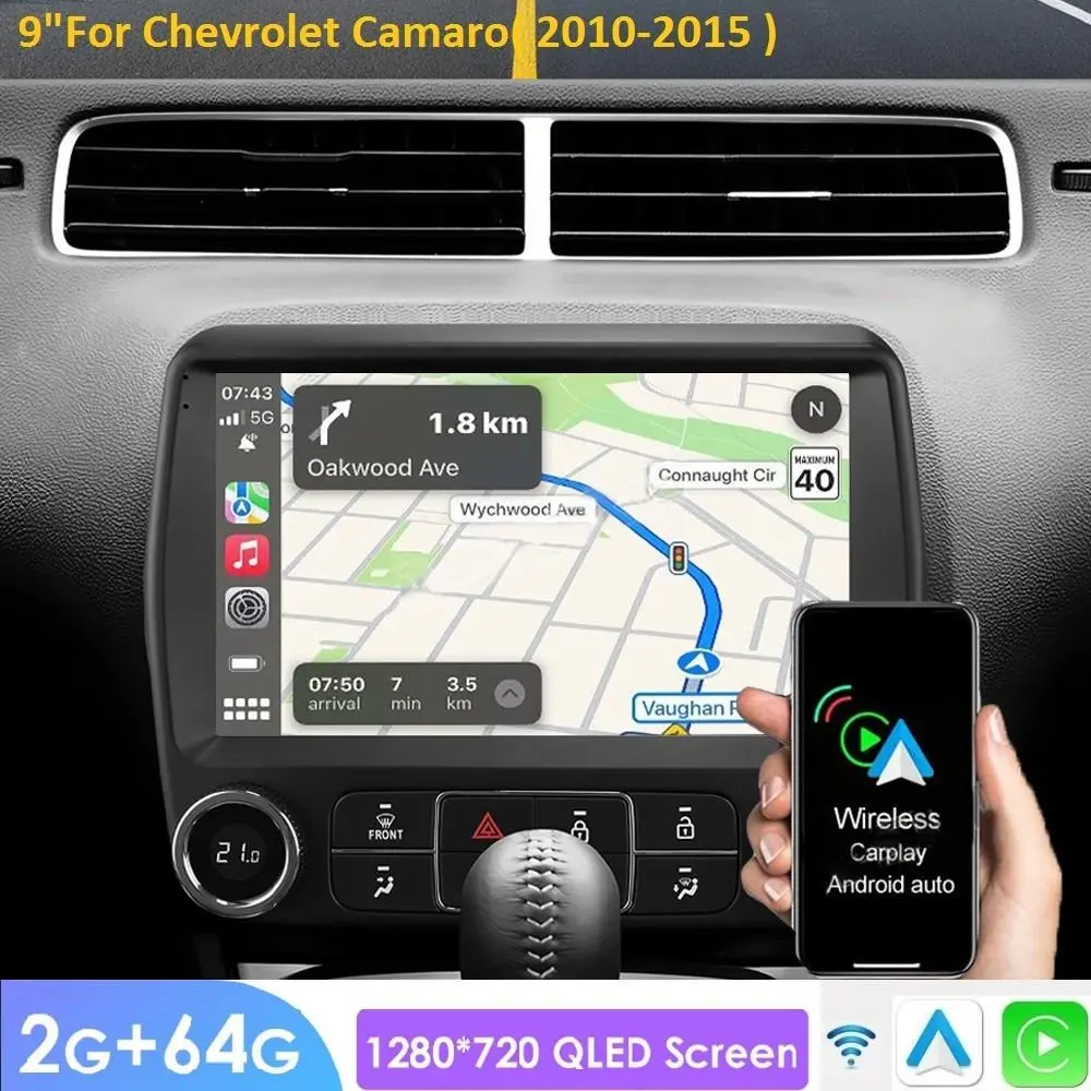 Hizpo Android 14 2Din Carplay Radio Touchscreen, Aftermarket Stereo Car Video Player for Chevrolet Camaro 2010-2015, GPS Navigation, WiFi, Bluetooth, Wireless Carplay Android Auto Multimedia Player, Aftermarket Stereo Car Video Players