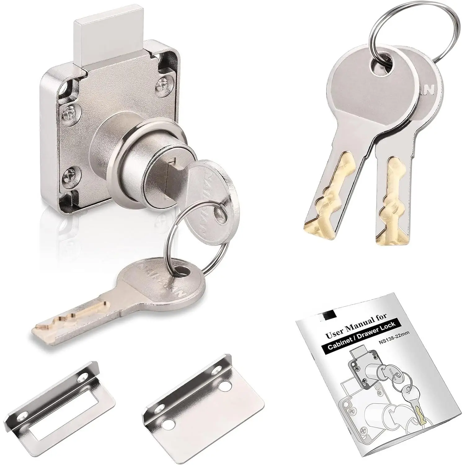 Cabinet Locks with ,  Desk Lock for Drawer 7/8" Office Furniture Drawer Lock Latch, Pack of 1 Locks with 4  Alike, Nickel