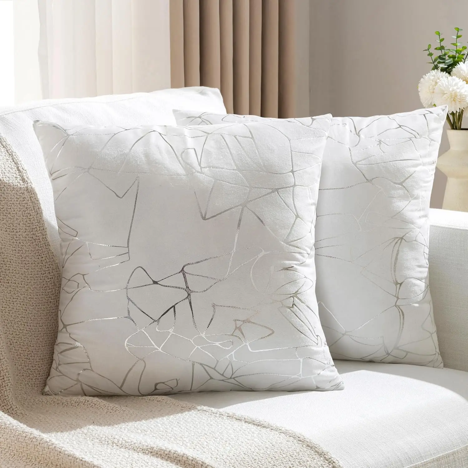 Sliver White Glitter Pillow Covers 18" x 18", 2pc| Perfect for Sofa & Bed Layering,Color-Matched Zipper,Skin-Friendly Suede