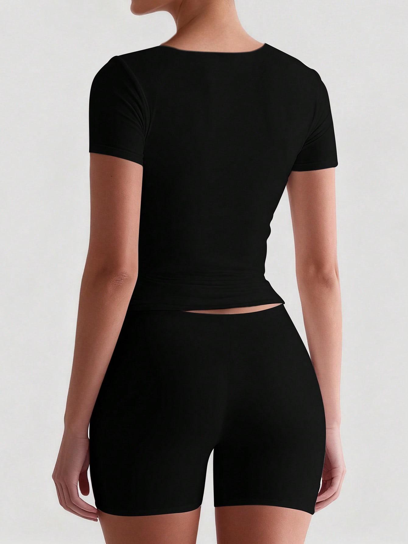 ASANDY suit Summer Women Double Lined Short Sleeve Crop Top Square Neck Casual Yoga Going Out Fitted Tee