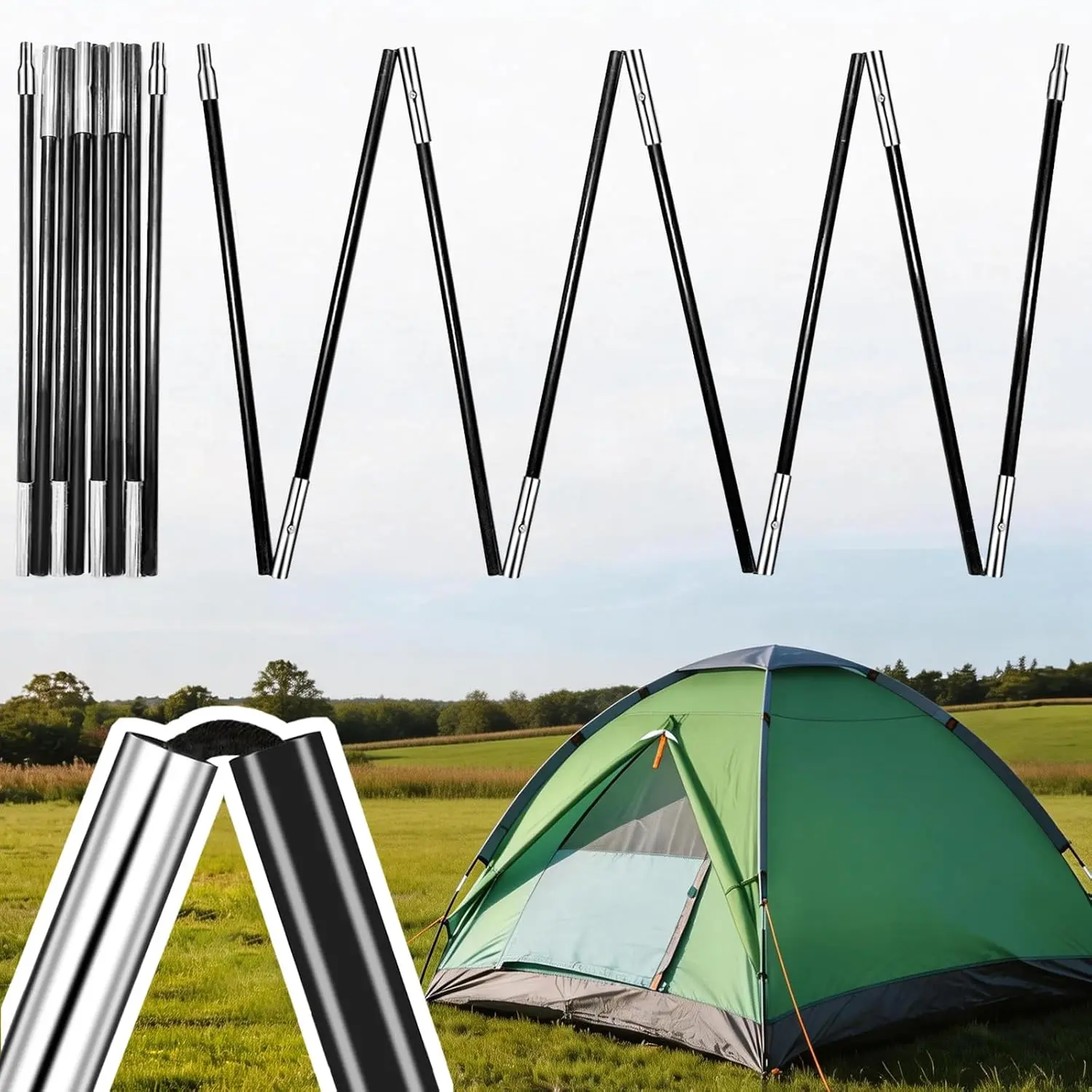 Replacement Tent Poles 2-Pack, 8.69 ft 8mm Adjustable Size Fiberglass Poles, Pre-Assembled with Tool-Free Twist-Lock for Outdoor Camping & Shelter Repair, Versatile Outdoor Utility