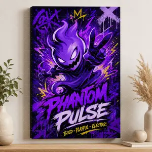 "Phantom Pulse" Graffiti Style Haunter Canvas Art| Bold Purple Pokemon Print, Aesthetic Teen/Gaming Room Decor, Playful Modern Statement Poster Gift,wall decor,poster.