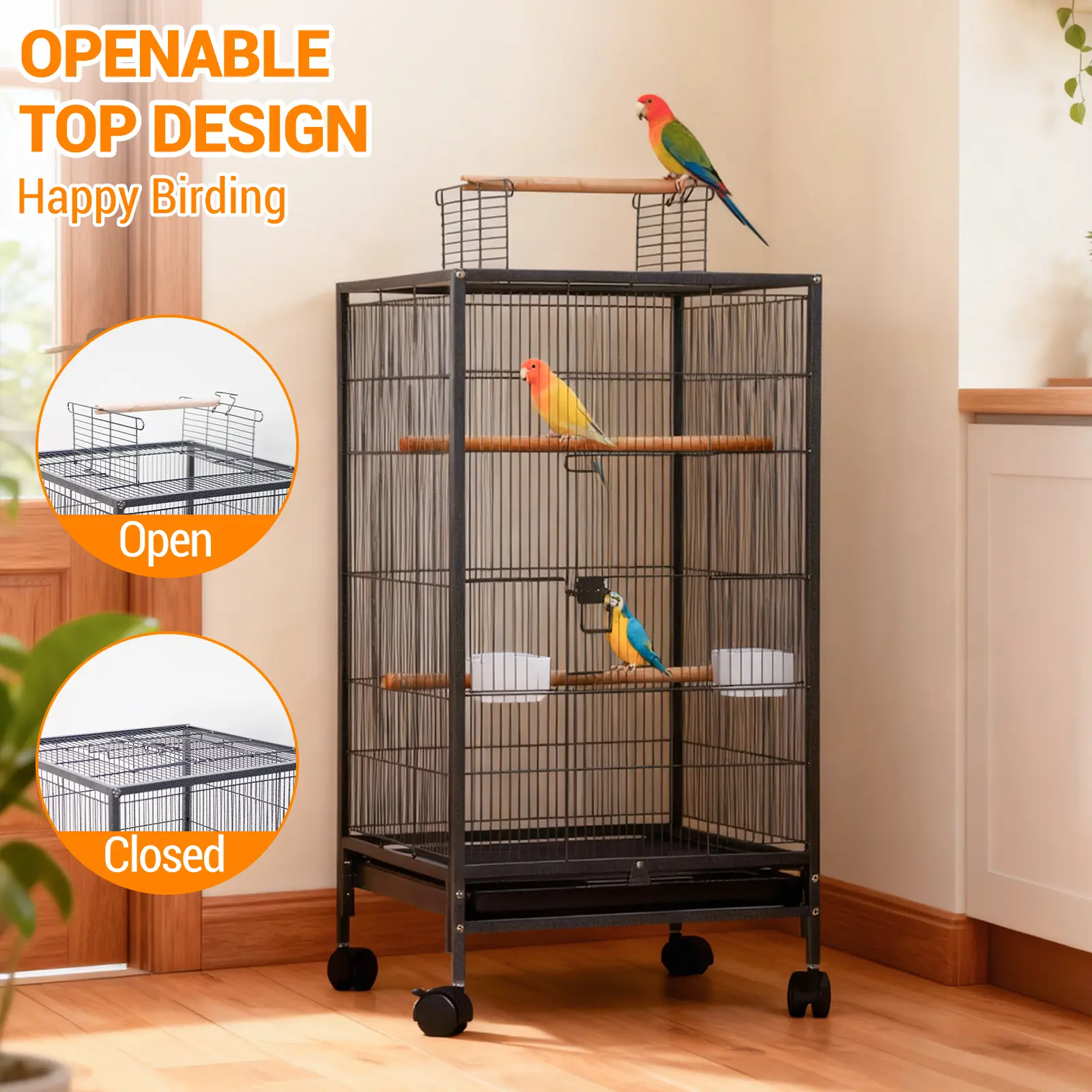 Spacious 40-Inch Metal Bird Cage with Open Top Play Area - Heavy-Duty Rolling Stand - Multiple Perches & Feeding Stations - Ideal for Parakeets, Finches, Canaries, Cockatiels, Budgies, Conures