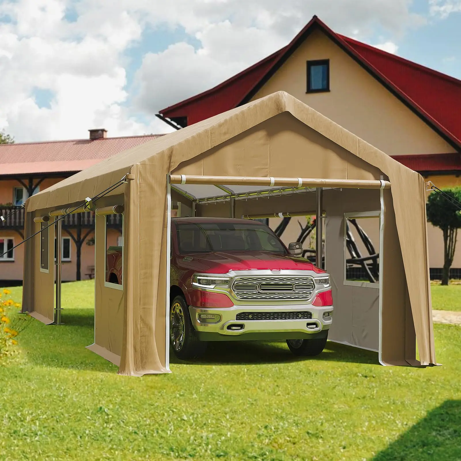 Heavy-Duty 10x20 ft Outdoor Carport Replacement Canopy Cover (Roof Only), Portable Garage Top Tarp - Waterproof All-Season - for Metal Frame Car Shelter - 2-box set Delivery