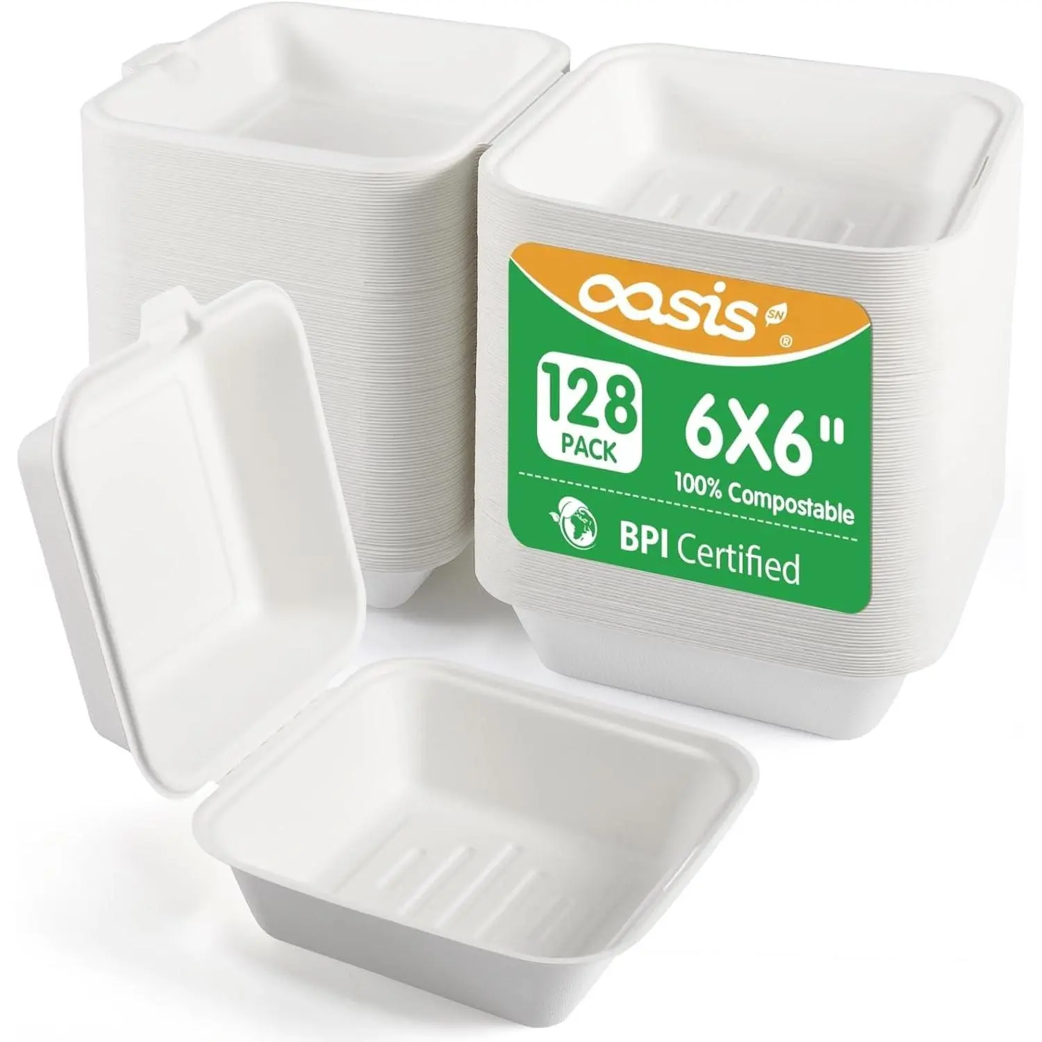 𝟲𝘅𝟲", 𝟭𝟮𝟴-𝗣𝗮𝗰𝗸 Compostable Clamshell Take Out Food Containers, Biodegradable Bagasse Paper To-Go Boxes for Burgers, Sandwiches, Eco-Friendly, Microwave & Freezer Safe (White, Small)