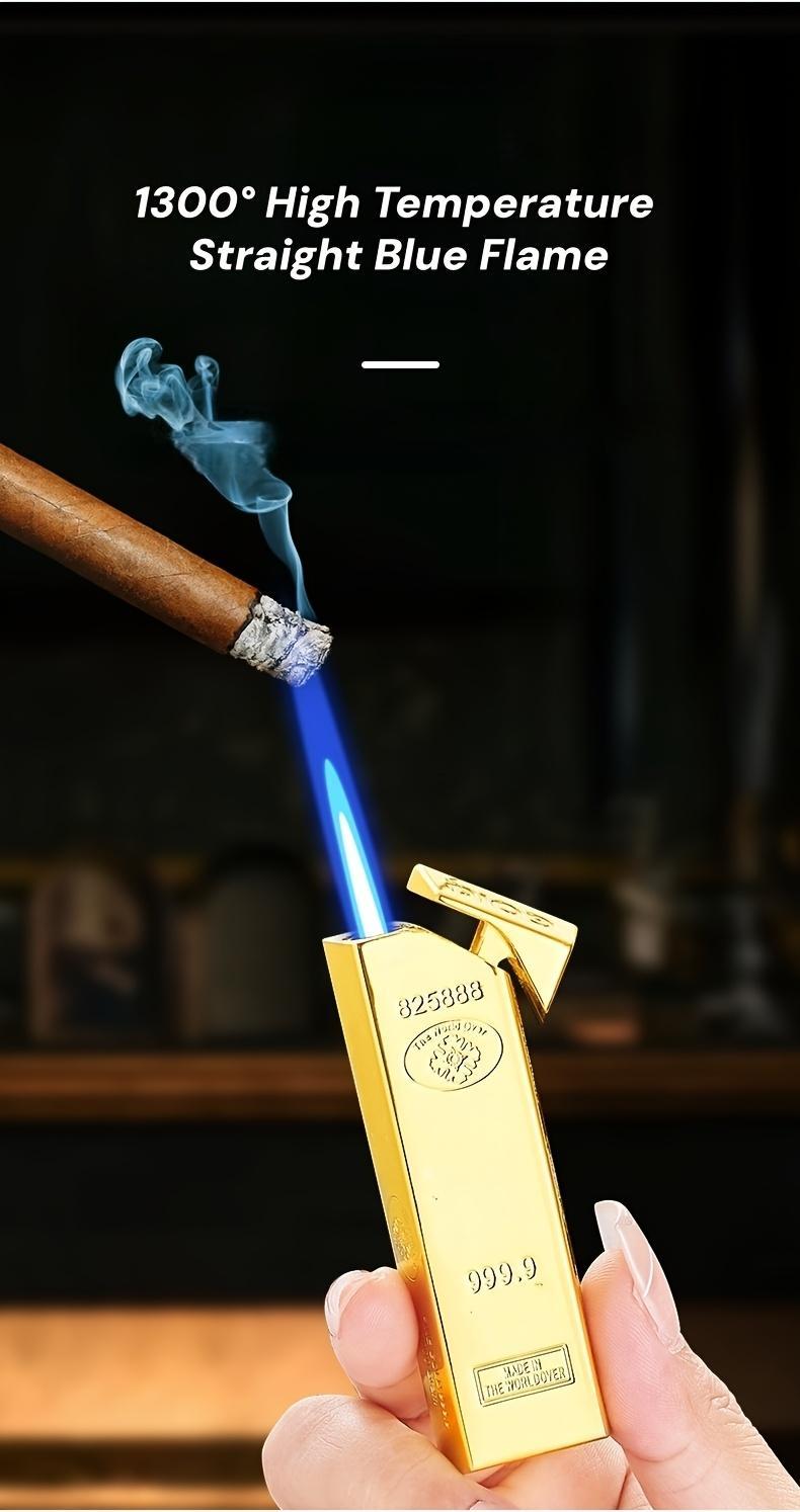Creative Golden Lighter | Outdoor Windproof, Blue Flame Turbine Jet, Compact and Portable, Side Ignition, Adjustable Flame Size, High-end Collectible Gift for Boyfriend (Butane Gas-free), Without Battery