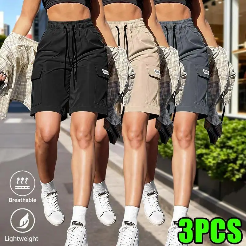 Women's 3-Pack Sporty Chic Regular Loose Cargo Shorts - Elastic Waist with Drawstring, Multi Cargo Pockets, Slightly Stretchy, Breathable, Universal Fit for Summer Outdoor Activities & Everyday Wear, Mid-Thigh, Polyester