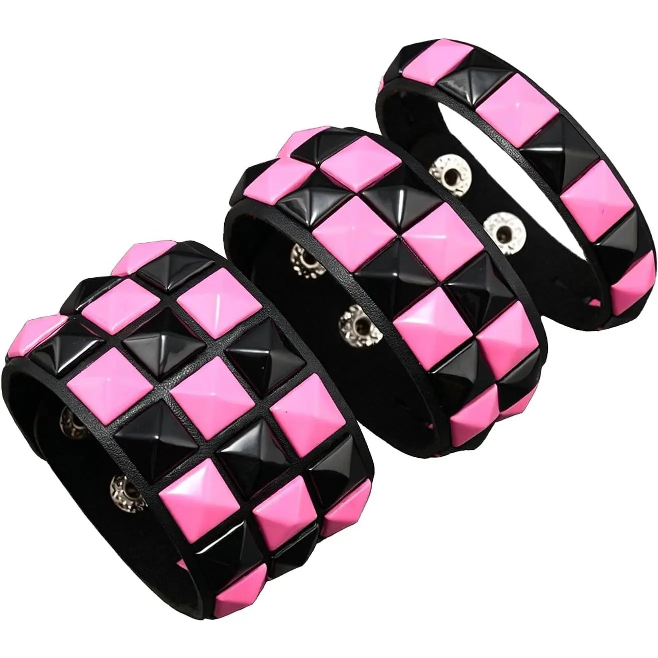 3 count Punk Bracelets Checkered Punk Leather Set Black  Adjustable Studded Cuff Bangle for Men Women