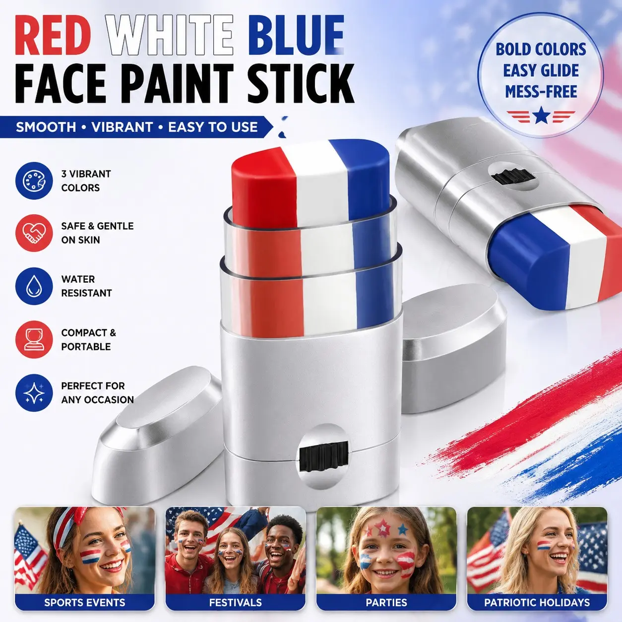 1/2 Pcs Red White Blue Eye Face Paint Sticks, Face Body Makeup, Smooth, Compact, Portable, Water Resistant for Football Match Makeup Sticks, 4th of July Paint Accessories Independence Day, Eye-Black Stick Sports Makeup for Football Players