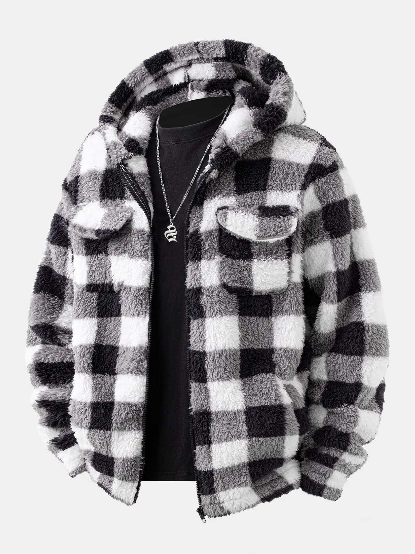 Men Plaid Sherpa Fleece Hooded Jacket, Full Zip Fluffy Plush Coat, Chest Pockets, Winter Street Outdoor Casual Daily Wear, Checked