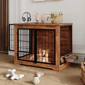 Rustic Heavy Duty 32-Inch Wooden Dog Kennel Furniture – Indoor Crate with 2 Rotating Bowls, Chew-Resistant for Small to Medium Dogs, Home Decor Style