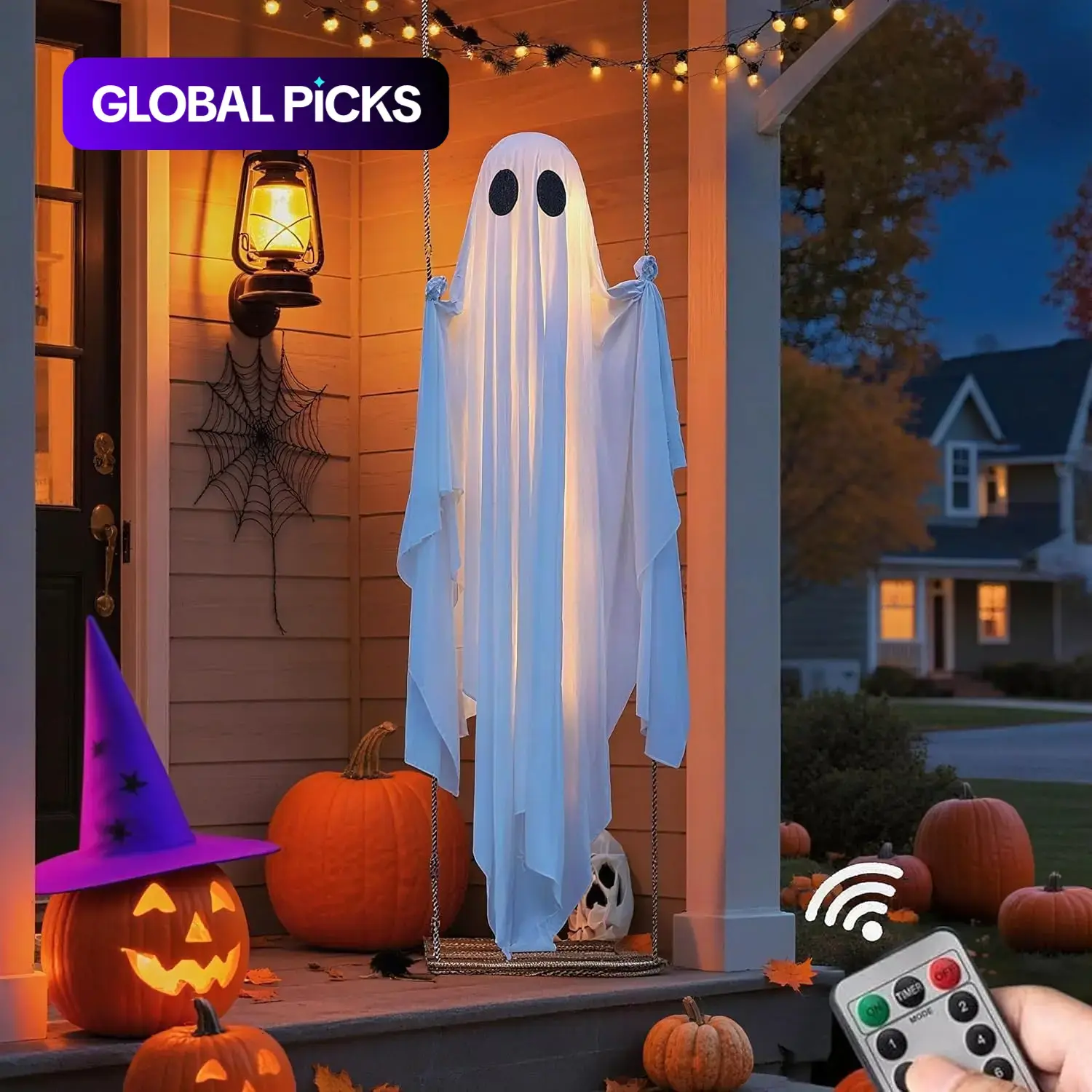 Halloween Glowing Swing Ghost Outdoor Decoration, Festival Decorations, Remote Control Light String, Cute Floating Ghost Hanging Ornament, Durable Fabric, Garden Atmosphere#GLOBAL PICKS,Gothic,LED