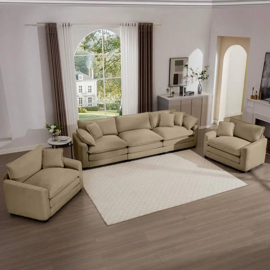 Luxurious And Sofa Set With Soft Cushions And Pillows, 3 Pieces Sofa Set Consisting Of Two Single Sofas And A 3-Seater Sofa, Corduroy