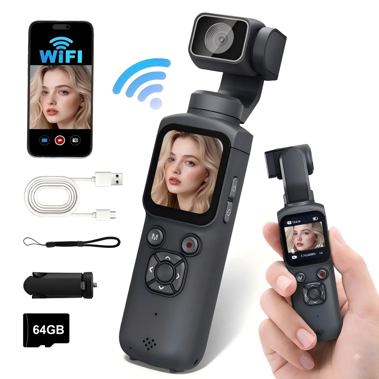Pocket Camera for Vlogging, 75mp Handheld Vlogging Camera, 330° Rotating Lens, Wireless, 64g TF Card, 1.72" Touch Screen, Face Tracking, Tripod