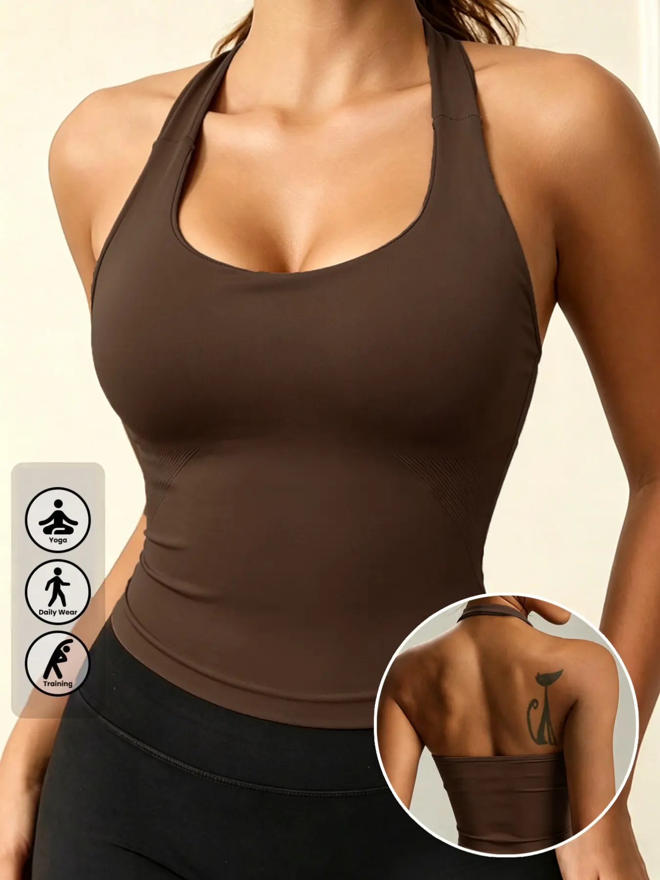 Women's Tight Sports Tank Top, Fashion Comfort Plain Neck Wide Strap Halter Yoga Backless Fitness Outdoor Running Top with Padded Bra, Athletic Tops, Sleeveless Sports Tops, Workout Tank