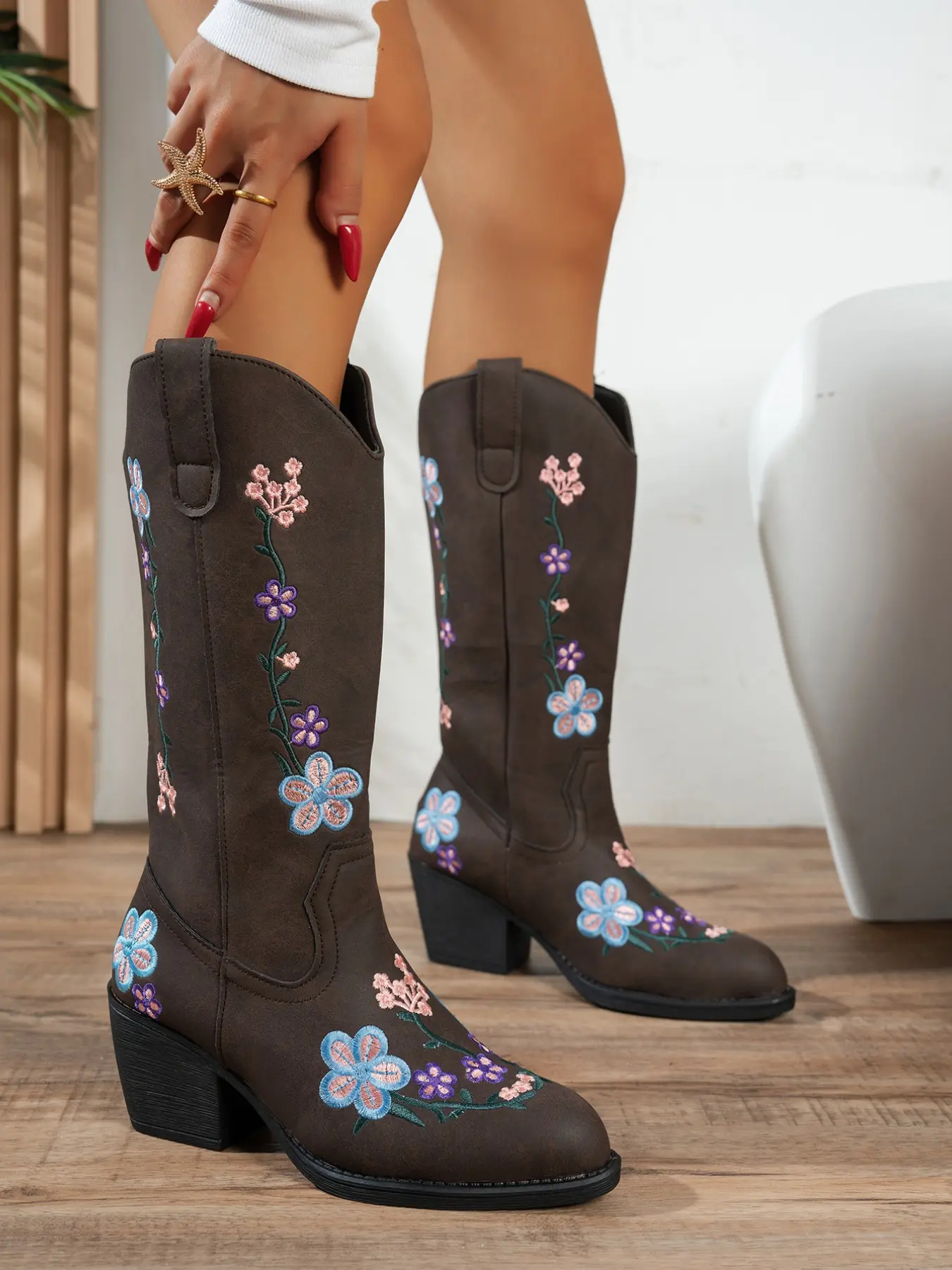American Country Floral Embroidered Knight Boots, Vintage Faux Fur Slim Fit Thick Heel, Versatile Colorful Flower Patchwork Western Tall Boots