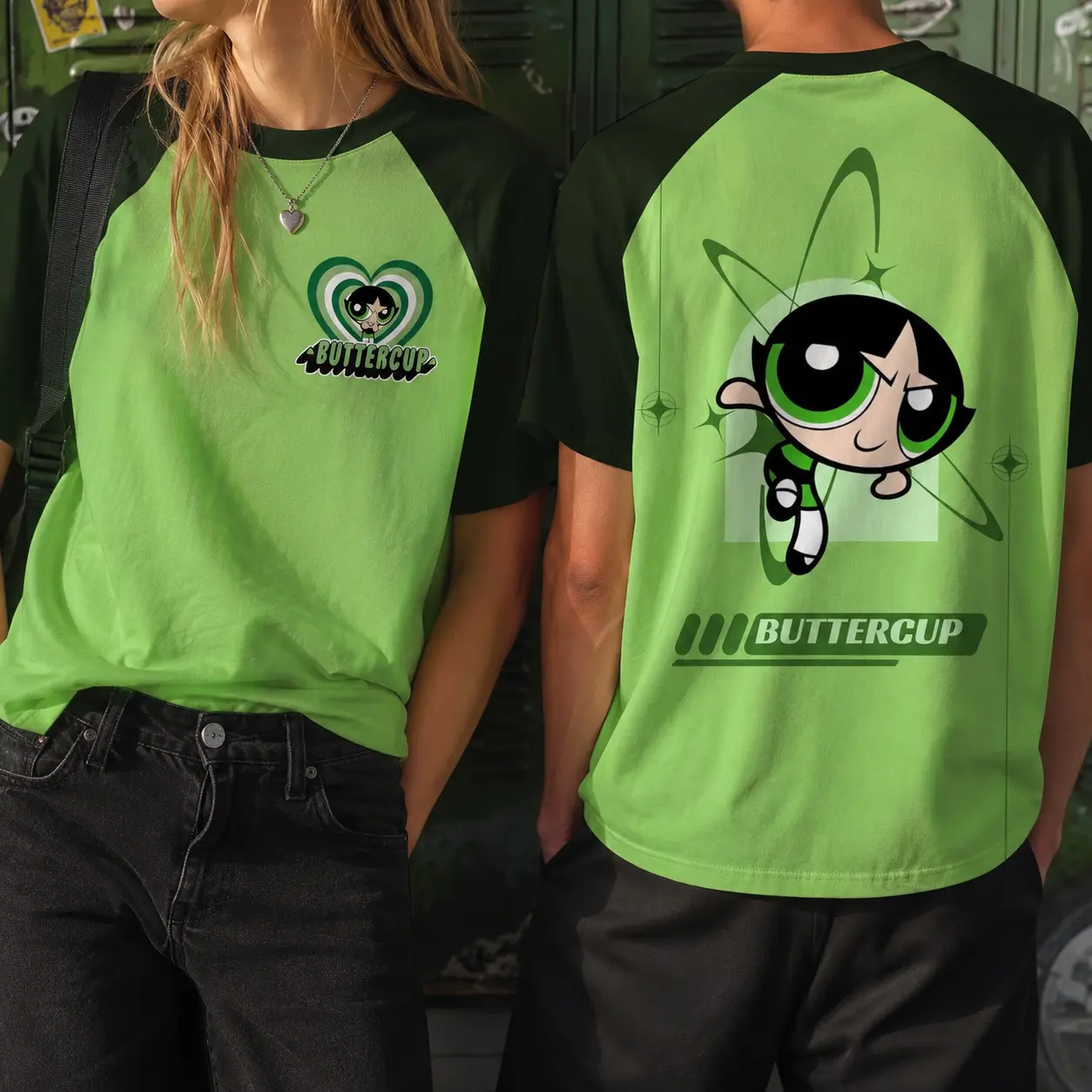 Powerpuff Girls Buttercup Graphic Raglan T-Shirt, Green Color Block Baseball Tee, Front and Back Print, Y2K Retro Cartoon Streetwear Top