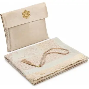 online Muslim Prayer Rug with 99 Beads Tasbih & Travel Bag, Soft Taffeta Sajadah, Lightweight & Foldable Janamaz, Portable Prayer Mat, Islamic Gift for Eid, Ramadan, Hajj & Umrah, Gold
