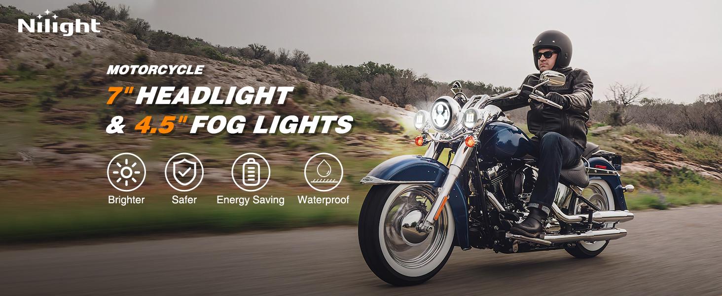 Nilight Motorcycle 7Inch DRL LED Headlights 4.5Inch Fog Lights Chrome Kits