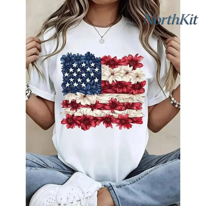 Women's Loose Fit T-Shirt for Casual Wear, Floral American Flag Print Crew Neck Top, Soft Breathable for Summer Day Street Style, Shortsleeve, Streetwear, Floral Print, Loose Cut
